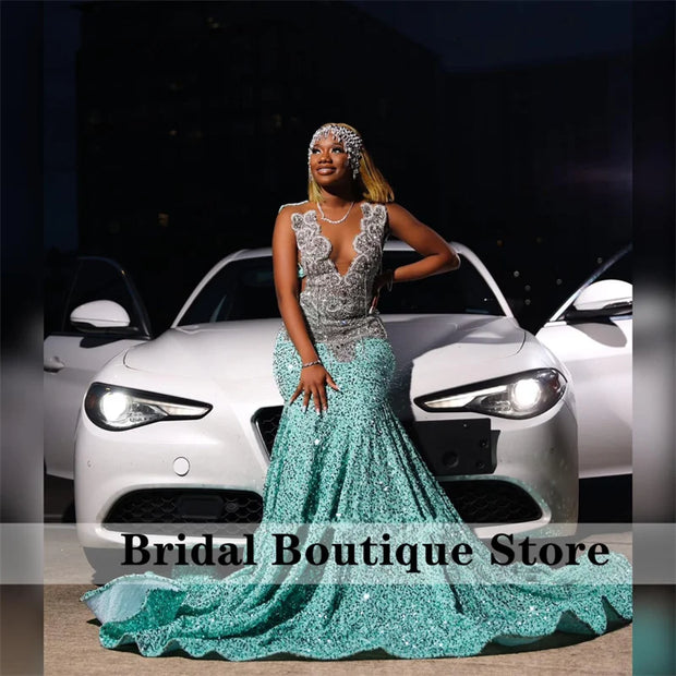 Sparkly Royal Blue Diamonds Mermaid Prom Dress Glitter Sequins Bead Crystal Rhinestones Vestidos Birthday Party Dress Customized