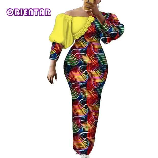 Women Dress African Print Cotton Puff Sleeve Evening Dress African Clothes for Women Elegant Bodycon Long Party Dress WY2122