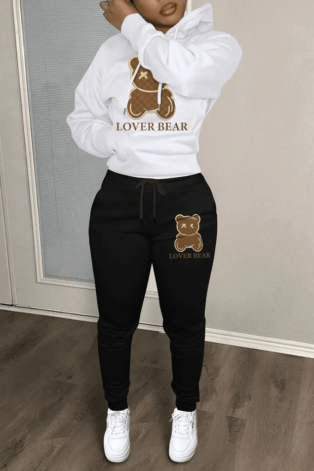 2024 Women's Letter Print 2 Piece Outfits Teddy Bear Letter Print Kangaroo Pocket Tracksuit Set Long Sleeve Sweatshirt and Pants