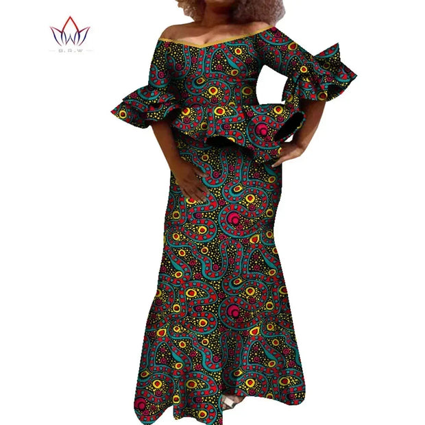 Flare Sleeve Women Skirt Set Dashiki Ankara Party 2 Pcs Sets Tops and Skirt Sets for Women African Women Clothing WY8431
