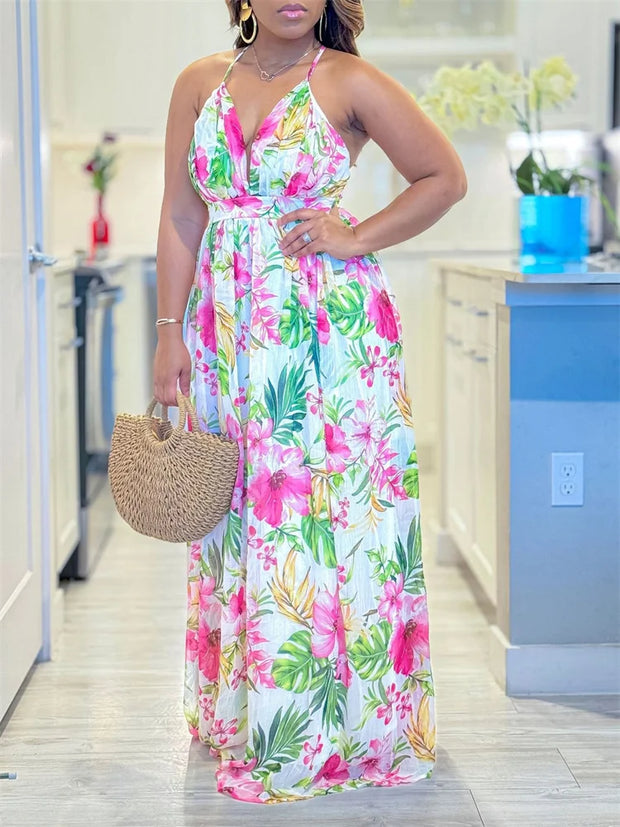 Wmstar Women Dress New in Summer Female  Floral Print V Neck Multi Sleeveless Maxi Dresses Wholesale Dropshipping S-3XL
