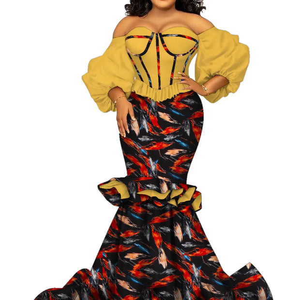 African Women Dresses Riche Cotton African Print Floor-Length Puff Sleeve Party  Wedding Dress African Women Clothes Wy1656