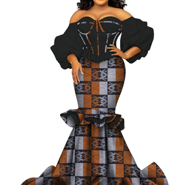African Women Dresses Riche Cotton African Print Floor-Length Puff Sleeve Party  Wedding Dress African Women Clothes Wy1656
