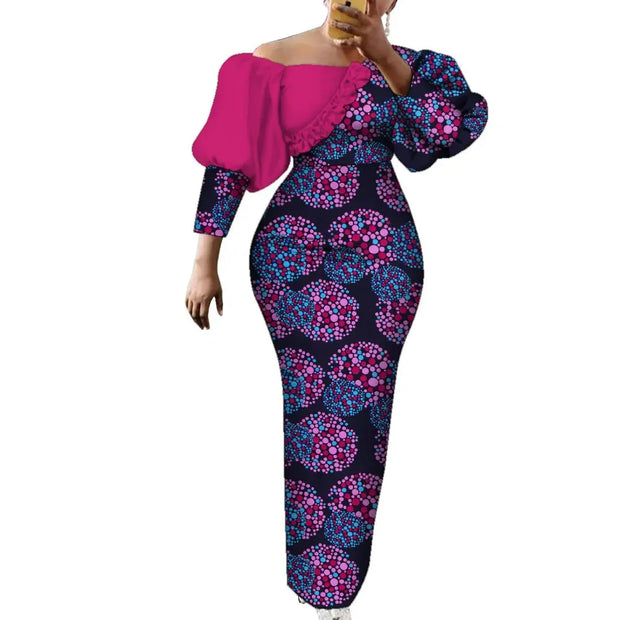 Women Dress African Print Cotton Puff Sleeve Evening Dress African Clothes for Women Elegant Bodycon Long Party Dress WY2122