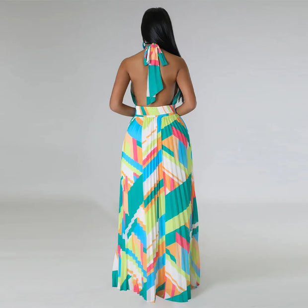CM.YAYA Women Geometrical Striped Halter Neck Backless Pleated Big Swing Maxi Long Dress 2023 INS Beach Holidaye Party Dresses
