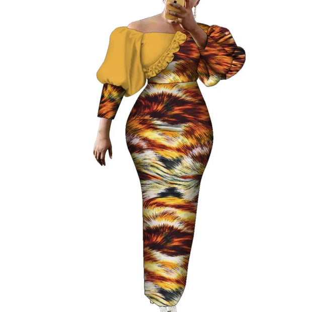 Women Dress African Print Cotton Puff Sleeve Evening Dress African Clothes for Women Elegant Bodycon Long Party Dress WY2122