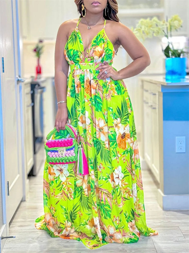 Wmstar Women Dress New in Summer Female  Floral Print V Neck Multi Sleeveless Maxi Dresses Wholesale Dropshipping S-3XL