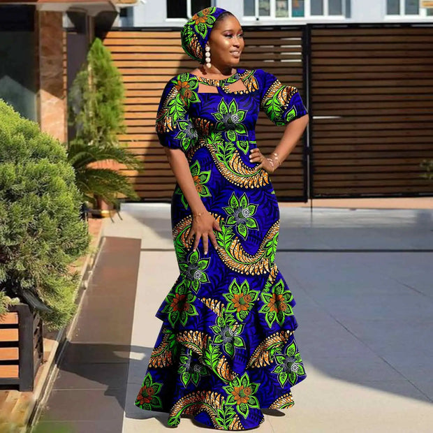 Evening Dresses African Dresses for Women Print Ruffles Maxi Dress with Free Headwrap Elegant Lady Party Wedding Gown Y2225020