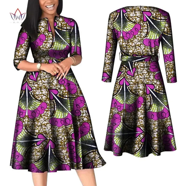 BintaRealWax African Dresses for Women Elegant V Neck Office Midi Dresses with Belt Riche Cotton Africa Print Clothing WY7886