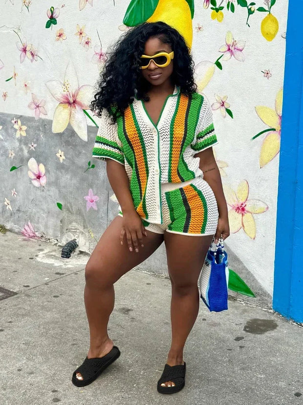 XIZOU Women's Set Striped Knitted Short Sleeve Button Shirt and Shorts 2024 Summer Two 2 Piece Set Outfit Ribbed Tracksuit
