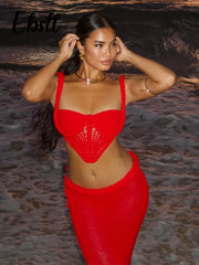 Sexy Knitted Tanks Skirts Set Women Chic Hollow-out Backless Sling Crop Top Hip Package Long Skirt 2025 New Female Beach Outfits