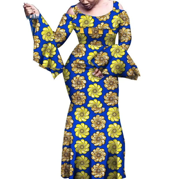 African Dresses for Women Print Flare Long Sleeve Dresses Vestidos  Riche African Wedding Party Sexy Ankara Dresses WY6843
