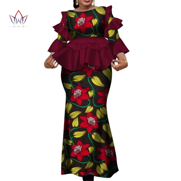 African Two Piece Outfits Set for Women Fashion Dashiki Ruffle Dashiki African Clothes Bazin Plus Size Clothing for Party WY4142