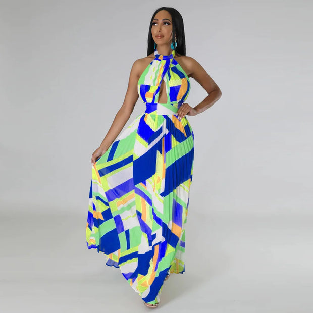 CM.YAYA Women Geometrical Striped Halter Neck Backless Pleated Big Swing Maxi Long Dress 2023 INS Beach Holidaye Party Dresses