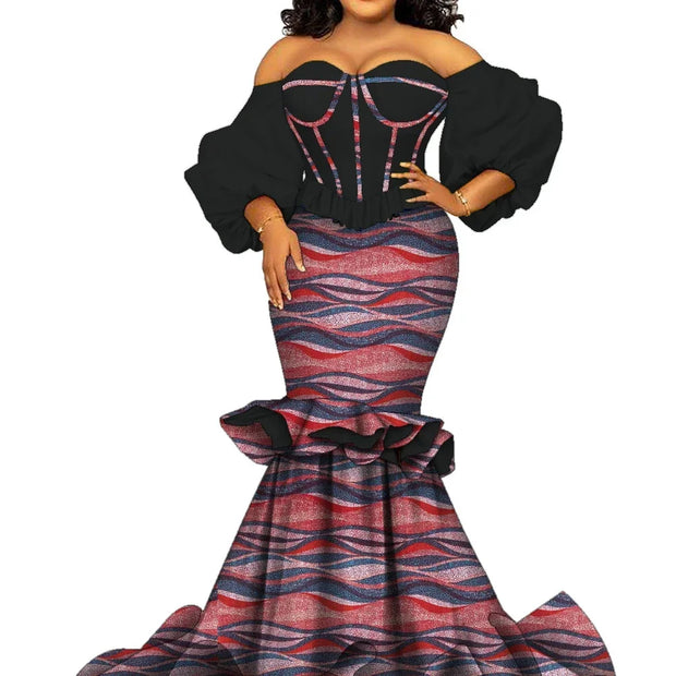 African Women Dresses Riche Cotton African Print Floor-Length Puff Sleeve Party  Wedding Dress African Women Clothes Wy1656