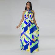 CM.YAYA Women Geometrical Striped Halter Neck Backless Pleated Big Swing Maxi Long Dress 2023 INS Beach Holidaye Party Dresses
