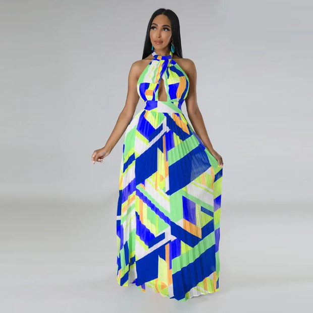 CM.YAYA Women Geometrical Striped Halter Neck Backless Pleated Big Swing Maxi Long Dress 2023 INS Beach Holidaye Party Dresses
