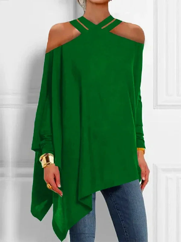 Yeezzi Fashion Asymmetric Long Sleeve Casual Shirts Tops Solid Color Loose Hollow Cold Shoulder Blouses For Women 2023 New