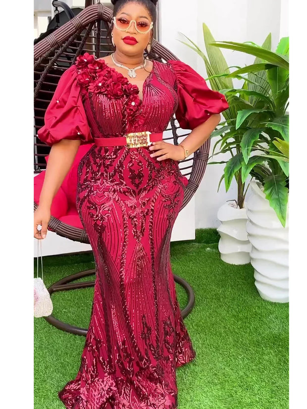 Plus Size African Wedding Party Dresses for Women Dashiki Ankara Sequin Evening Gown Elegant Turkey Outfit Robe Africa Clothes