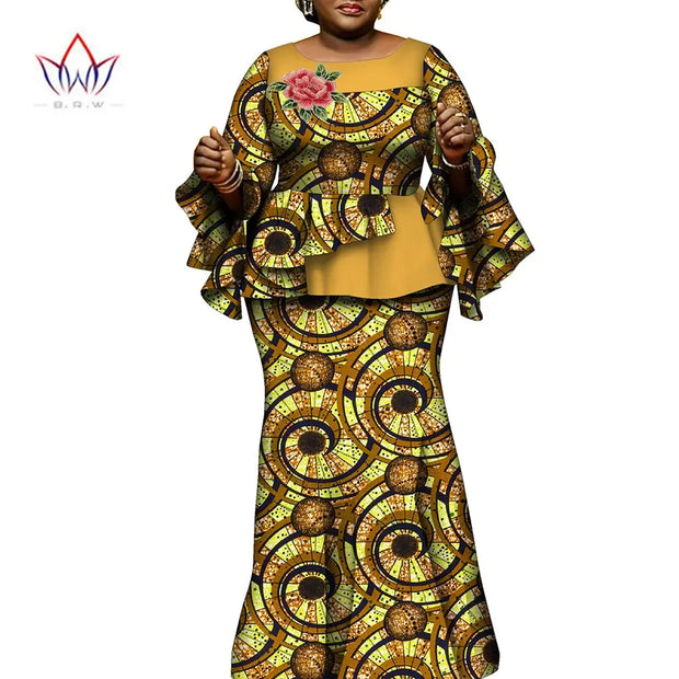 African Clothes for Women 2 Pieces Outfits Set African Print Pleated Tops and Long Skirts Traditional Clothing Party WY10413
