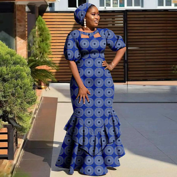 Evening Dresses African Dresses for Women Print Ruffles Maxi Dress with Free Headwrap Elegant Lady Party Wedding Gown Y2225020