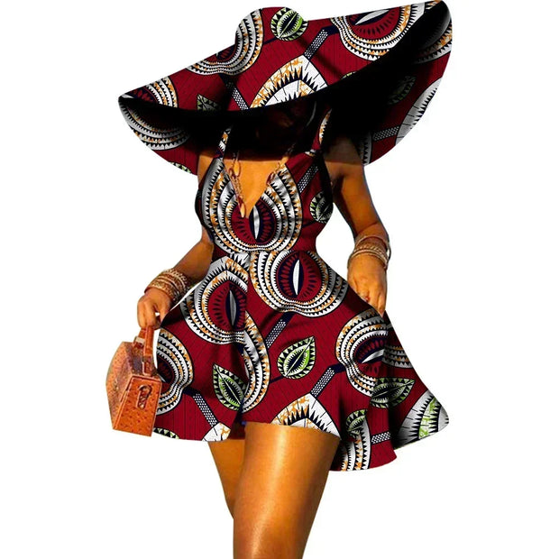 Women Summer Dress African Print Jumpsuit Sexy Sleeveless V-neck Short Pant with Hat Fashion African Clothes Lady Attire WY8844
