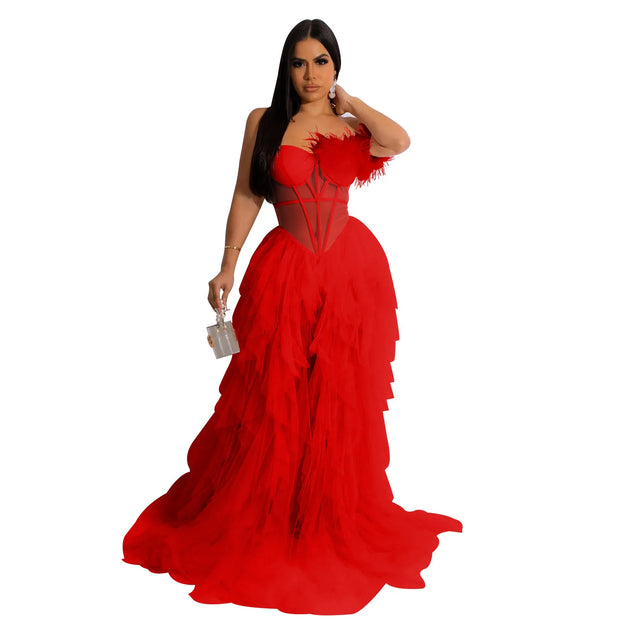 High Quality Sexy Beautiful Ruffles Party Dress Long High Street Style Black Red Mesh Ruffles Corset Maxi Dress Birthday Outfits