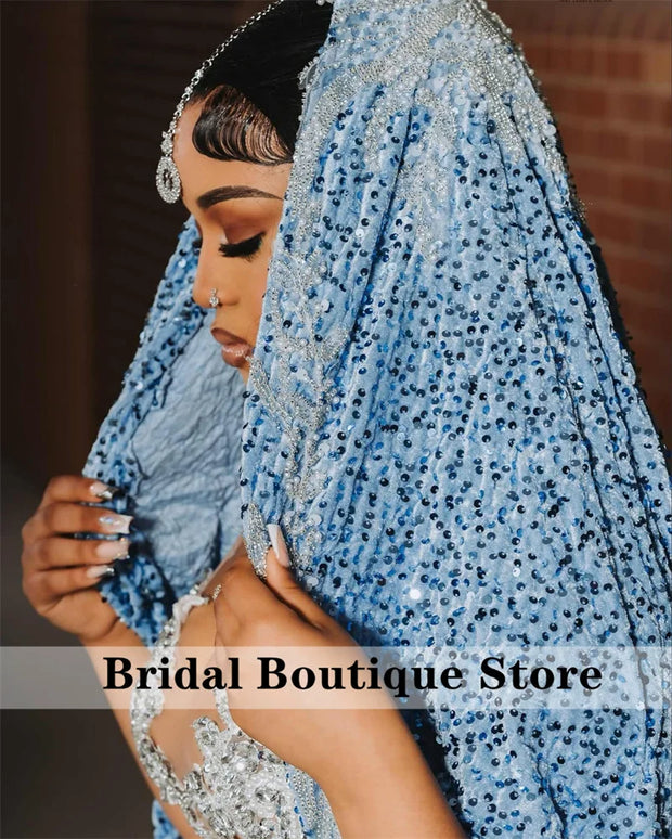 New Arrival 2025 Blue Prom Dresses For Black Girls With Cape Bead Diamonds Gems Sequins Birthday Party Gown Customized