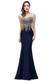 Elegant Mermaid Evening Dress Women Golden Appliques Lace Royal Blue Sweetheart Illusion Wedding Party Prom Gowns Robe de Soiree