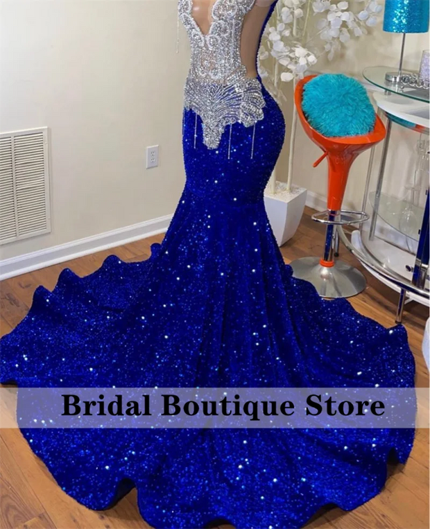 Sparkly Royal Blue Diamonds Mermaid Prom Dress Glitter Sequins Bead Crystal Rhinestones Vestidos Birthday Party Dress Customized