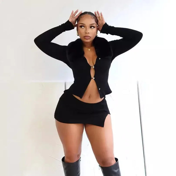 Joskaa Women 2 Piece Set Sexy Fur Collar Full Sleeve Single Breasted Tops and Split Mini Skirt Matched Winter Party Club Outfits