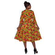 BintaRealWax African Dresses for Women Elegant V Neck Office Midi Dresses with Belt Riche Cotton Africa Print Clothing WY7886