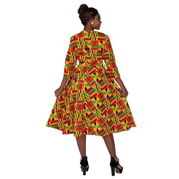 BintaRealWax African Dresses for Women Elegant V Neck Office Midi Dresses with Belt Riche Cotton Africa Print Clothing WY7886