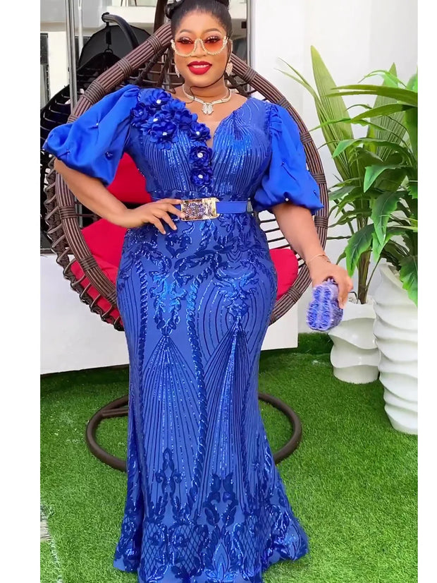 Plus Size African Wedding Party Dresses for Women Dashiki Ankara Sequin Evening Gown Elegant Turkey Outfit Robe Africa Clothes
