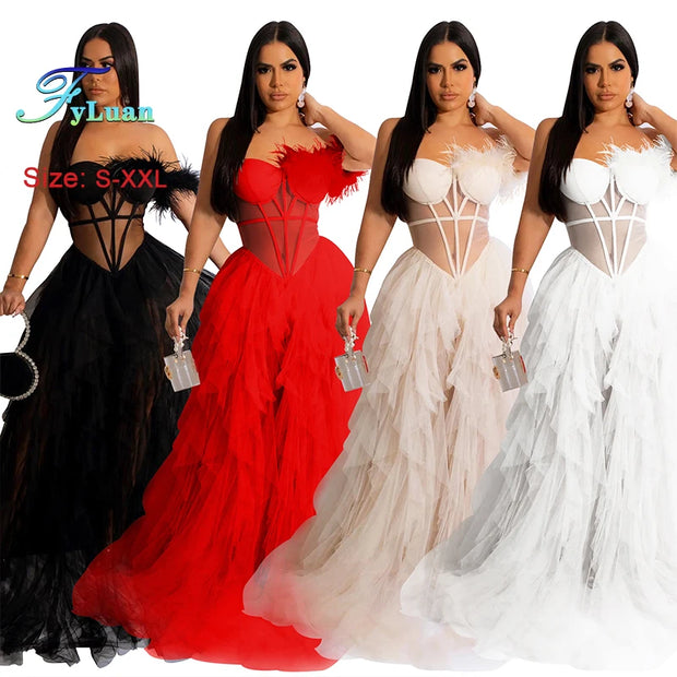 High Quality Sexy Beautiful Ruffles Party Dress Long High Street Style Black Red Mesh Ruffles Corset Maxi Dress Birthday Outfits