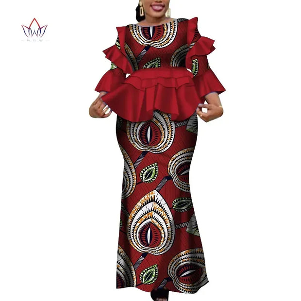 African Two Piece Outfits Set for Women Fashion Dashiki Ruffle Dashiki African Clothes Bazin Plus Size Clothing for Party WY4142
