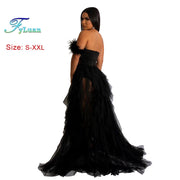 High Quality Sexy Beautiful Ruffles Party Dress Long High Street Style Black Red Mesh Ruffles Corset Maxi Dress Birthday Outfits