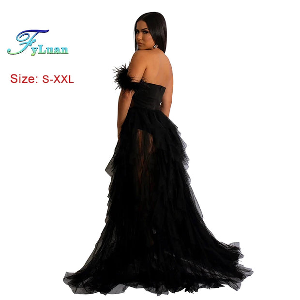High Quality Sexy Beautiful Ruffles Party Dress Long High Street Style Black Red Mesh Ruffles Corset Maxi Dress Birthday Outfits