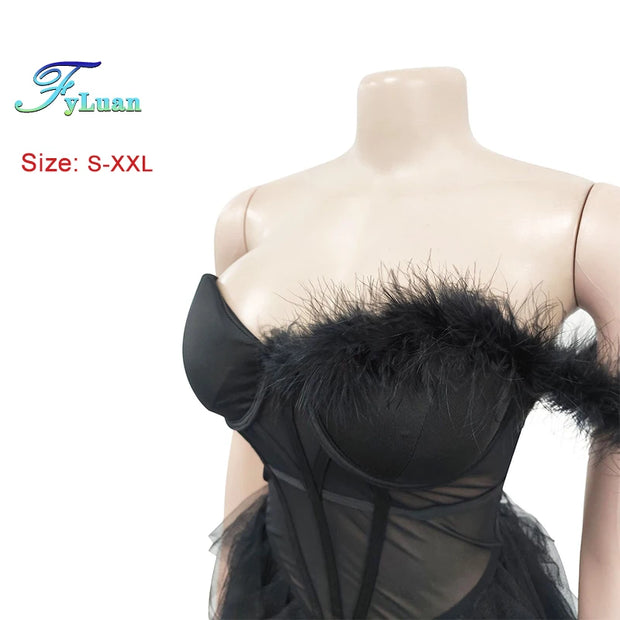 High Quality Sexy Beautiful Ruffles Party Dress Long High Street Style Black Red Mesh Ruffles Corset Maxi Dress Birthday Outfits
