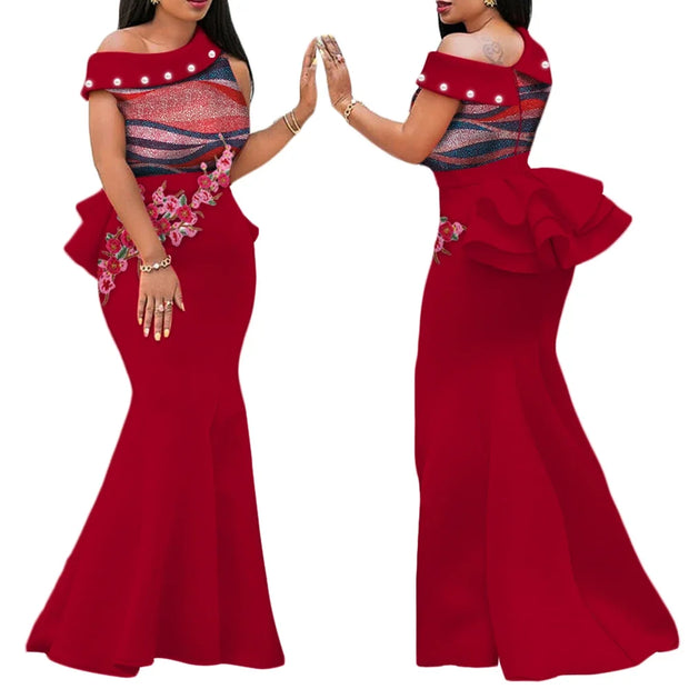 African Print Dresses for Women Riche Applique Draped Peals Long Dress Party Vestidos Traditional African Lady Clothing WY444