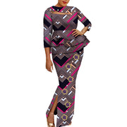 African Wax Print Clothing Women 2 Piece Outfits Set Bazin Riche Applique Flower & Pearls Women Tops and Skirt Set WY3698