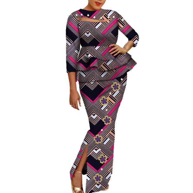 African Wax Print Clothing Women 2 Piece Outfits Set Bazin Riche Applique Flower & Pearls Women Tops and Skirt Set WY3698