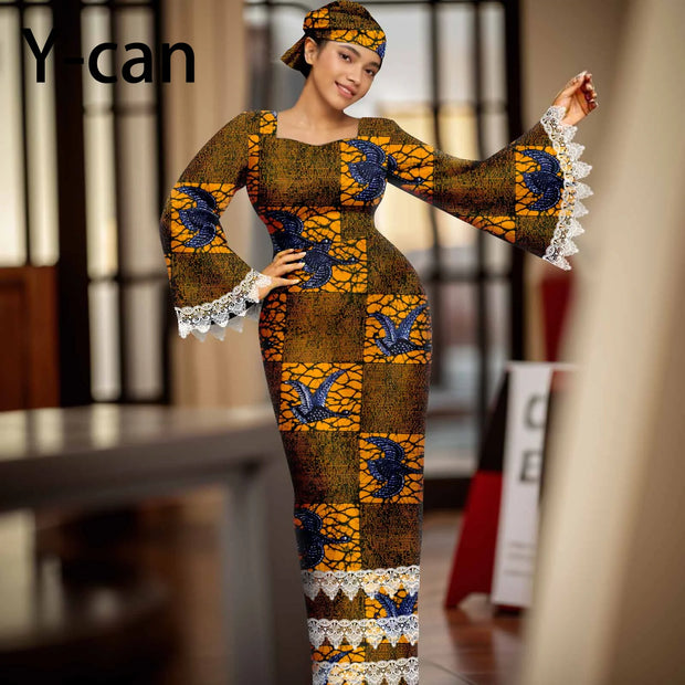 African Dress for Women Elegant Flare Sleeve Lace Dress Slim Fit Party Evening Gown Vestidos with Headwrap African Dress 2425158