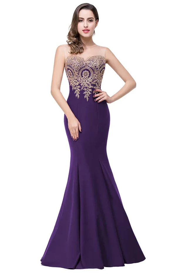 Elegant Mermaid Evening Dress Women Golden Appliques Lace Royal Blue Sweetheart Illusion Wedding Party Prom Gowns Robe de Soiree