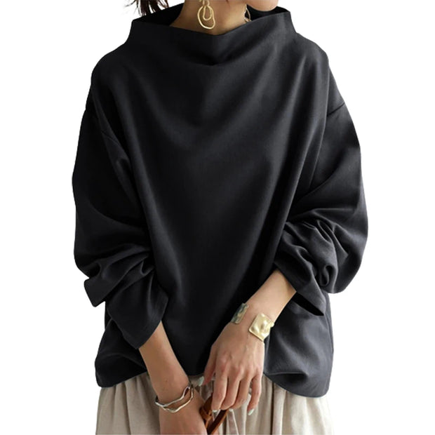 Yeezzi Spring Female Tops Fashion Casual Solid Color High-Neck Long Sleeves Cotton Black Shirts For Women 2023