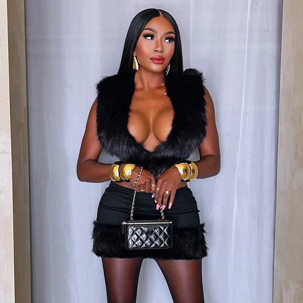 Joskaa Furry Patchwork Black Warm Suit for Women Sexy Backless Halter Tank Tops and Mini Skirt 2 Piece Set Midnight Club Outfits