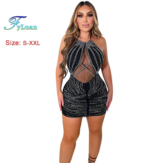 Tight Fitting Off Shoulder Backless Women Lace Up Short Skirt Sheer Mesh Hot Rhinestones Girl Dress Banquet Birthday Party Cloth