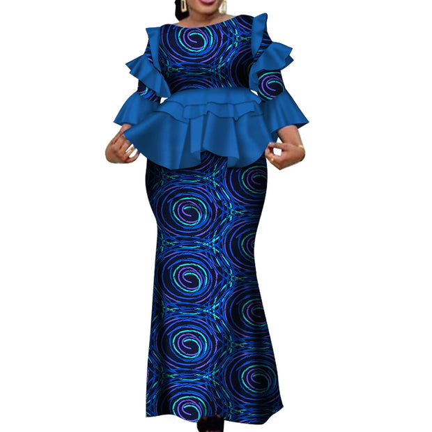 African Two Piece Outfits Set for Women Fashion Dashiki Ruffle Dashiki African Clothes Bazin Plus Size Clothing for Party WY4142