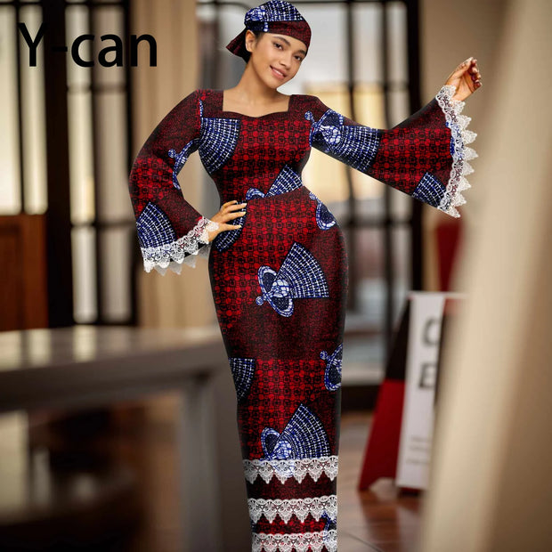 African Dress for Women Elegant Flare Sleeve Lace Dress Slim Fit Party Evening Gown Vestidos with Headwrap African Dress 2425158