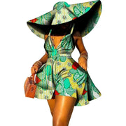 Women Summer Dress African Print Jumpsuit Sexy Sleeveless V-neck Short Pant with Hat Fashion African Clothes Lady Attire WY8844
